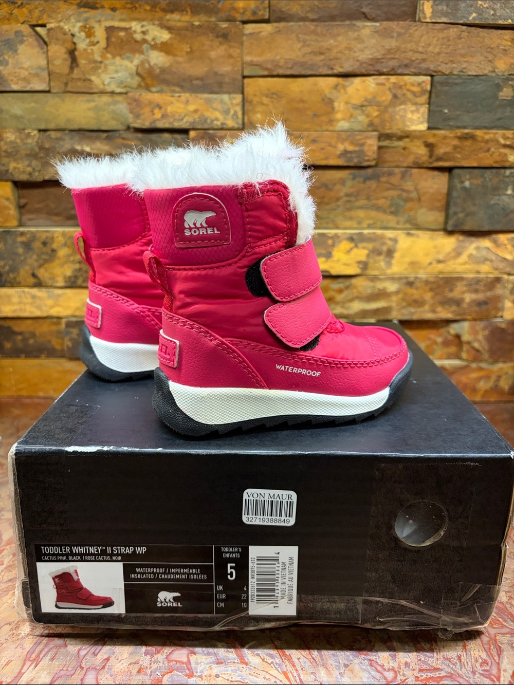 Sorel Toddler Whitney Waterproof Snow Boots in Hot Pink with White Faux Fur Trim